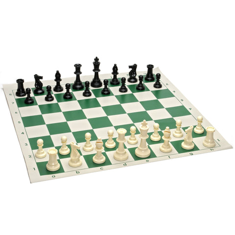 Tournament Plastic Chess Pieces and Rollup Vinyl Chessboard